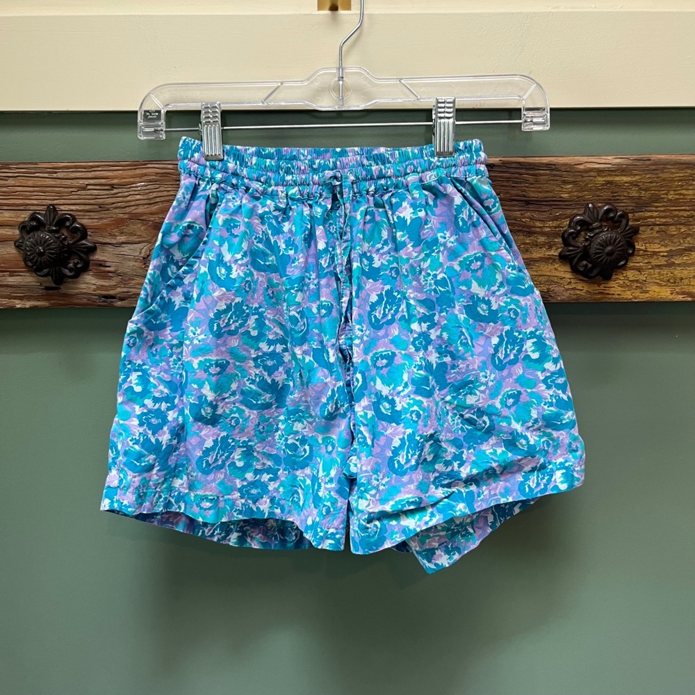 Lusana Kids Floral‎ Print Elastic Waist Shorts Turquoise Purple Size S USA 4